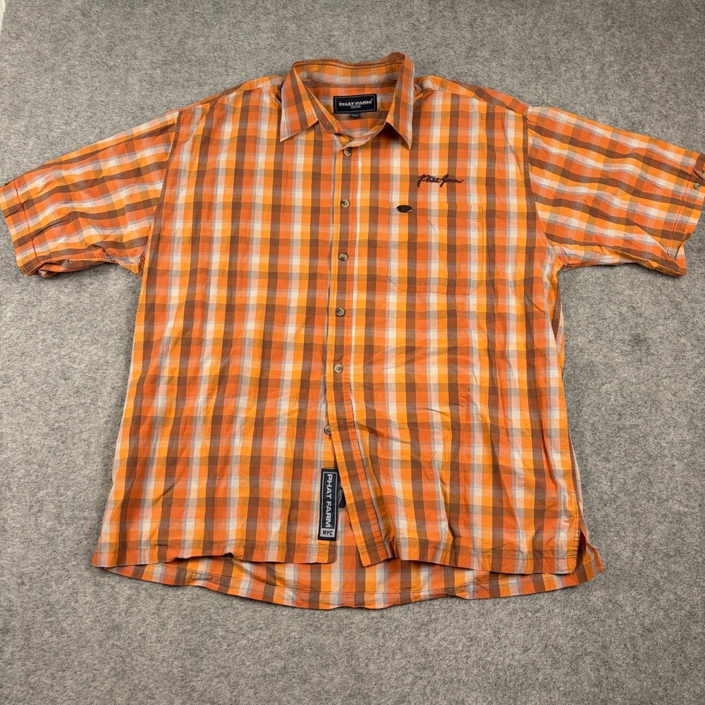 Phat Farm Button Up Shirt Mens 2XL Orange Plaid‎ Short Sleeve Y2K Streetwear 00s